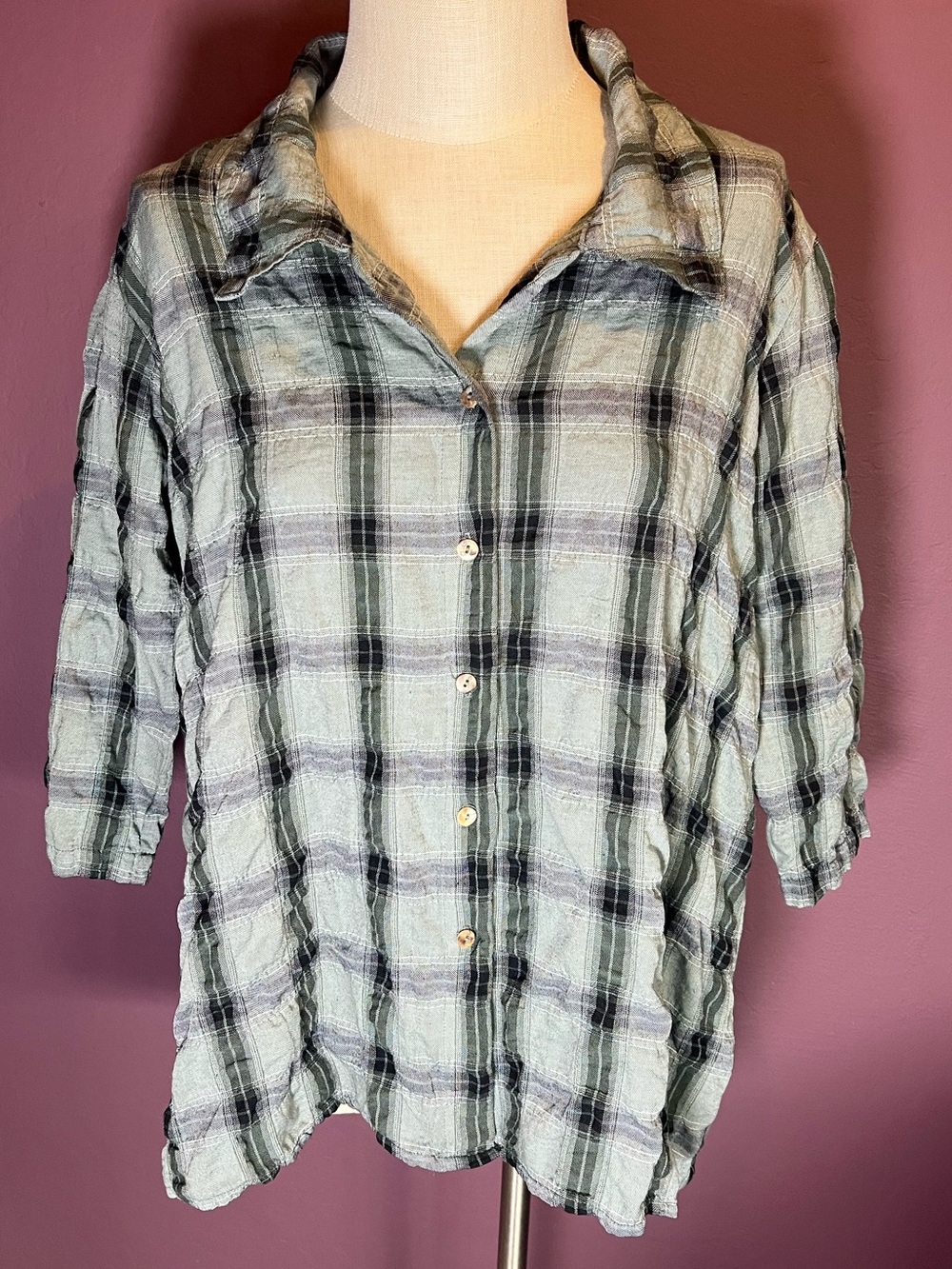 🩵Cut Loose Button Down Shirt Plaid Crinkle Blue Lagenlook • Made in USA